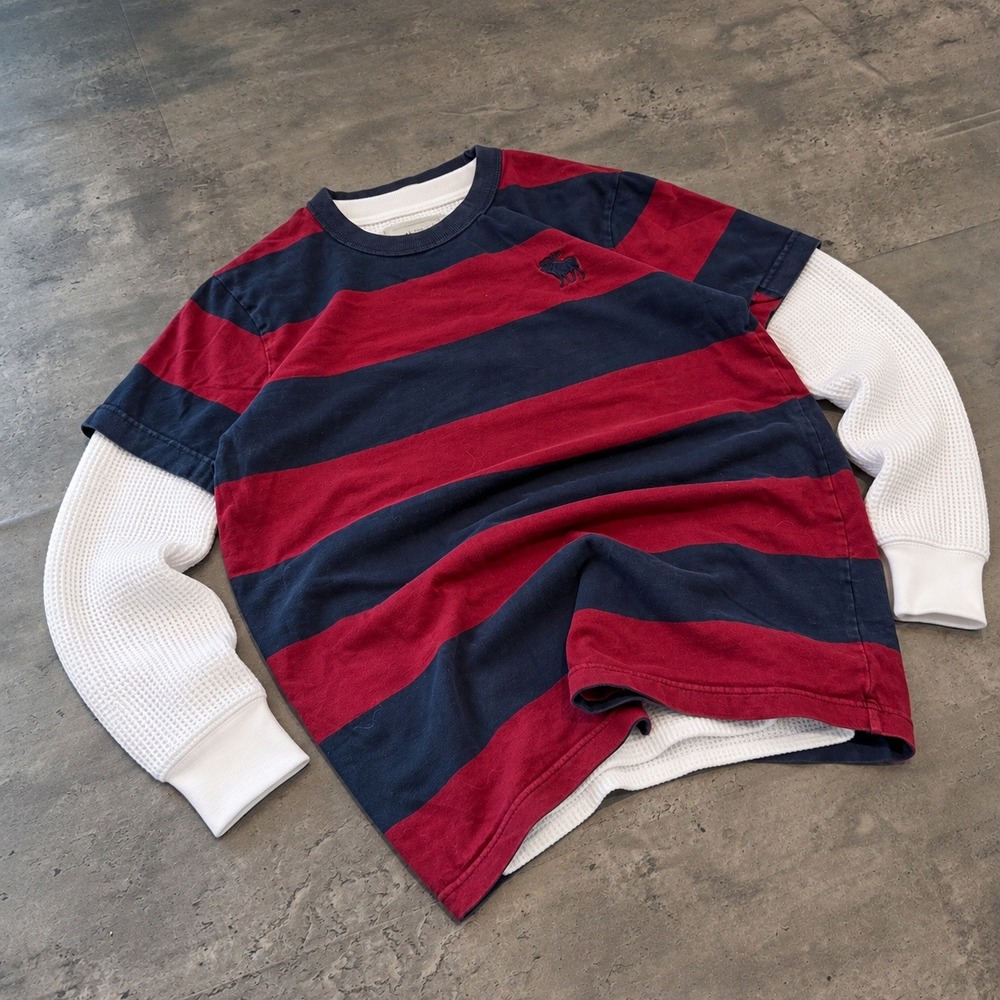 VTG Y2K 2000's 00's Abercrombie & Fitch Burgundy Navy Striped T Shirt Moose